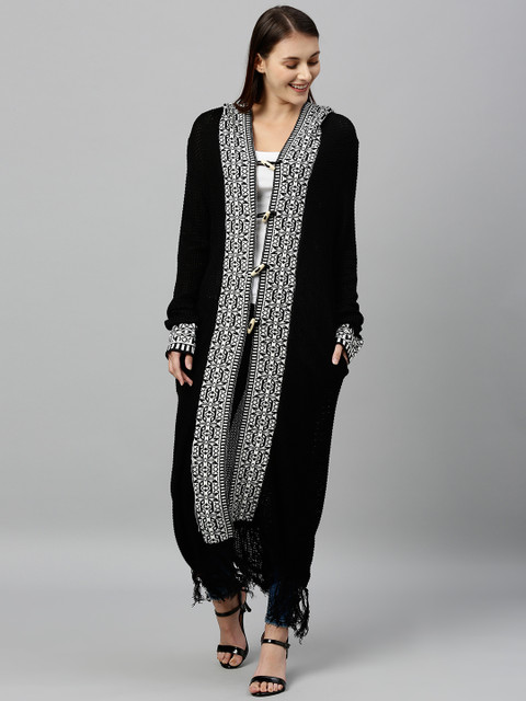 

JC Collection Women Black Self Design Longline Sweater with Fringed Hem