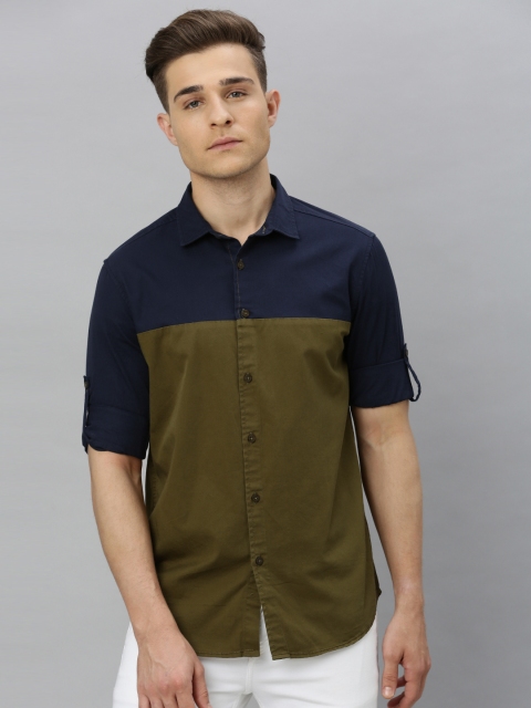 

HERE&NOW Men Olive Green & Navy Blue Slim Fit Colourblocked Casual Shirt
