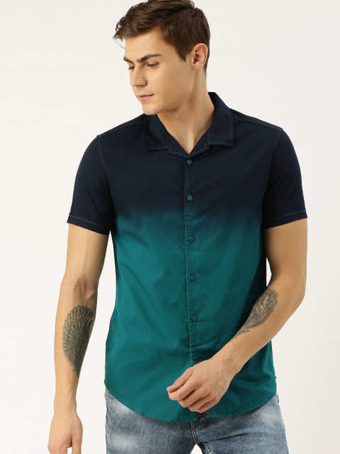 

Moda Rapido Men Teal Blue Slim Fit Ombre Colourblocked Casual Shirt