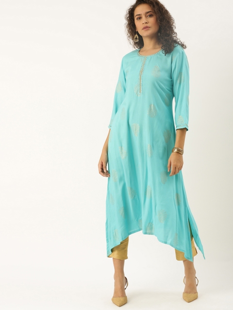 

Soch Women Turquoise Blue Foil Printed A-Line Kurta