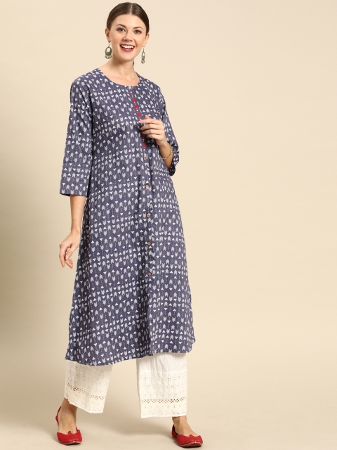 

Soch Women Blue & White Printed A-Line Kurta