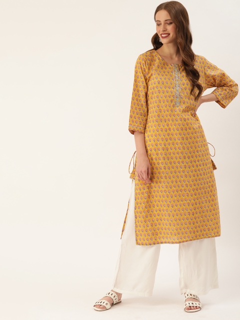 

Soch Women Mustard Yellow & Grey Printed Straight Kurta with Tie-Ups