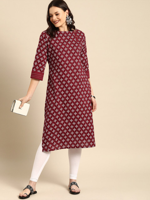 

Soch Women Maroon & White Printed Straight Kurta