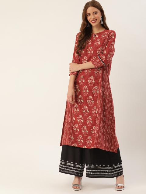 

Soch Women Maroon & Beige Printed A-Line Kurta with Mirror Work