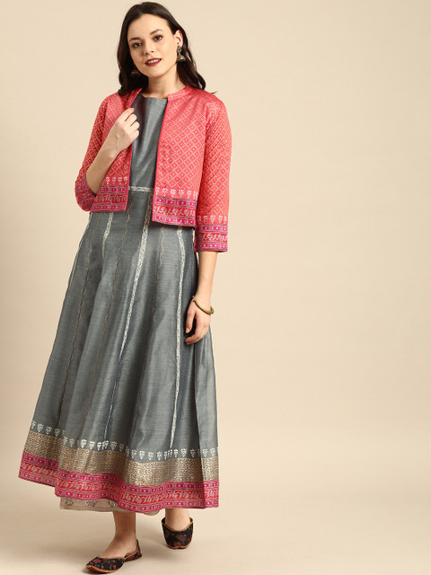 

Soch Women Grey & Pink Printed A-Line Layered Kurta With Jacket