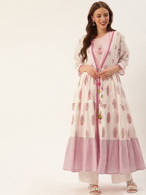 

Soch Women Off-White & Pink Printed A-Line Layered Kurta with Embroidery