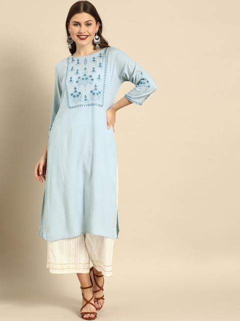 

Soch Women Turquoise Blue Yoke Design Straight Kurta