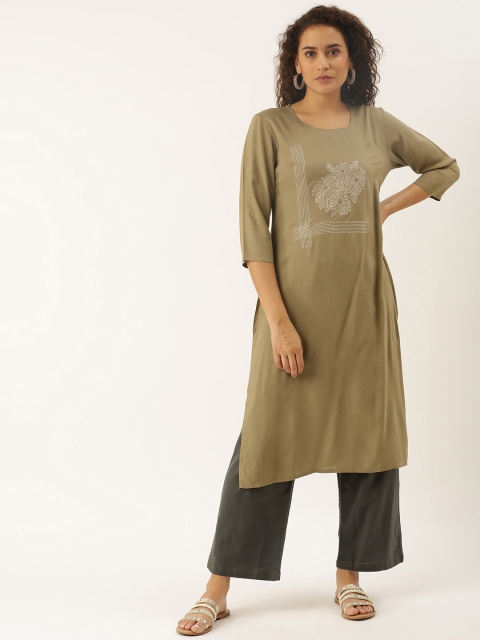 

Soch Women Olive Brown Yoke Design Straight Kurta