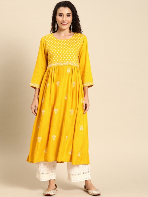 

Soch Women Mustard Yellow Embroidered A-Line Kurta