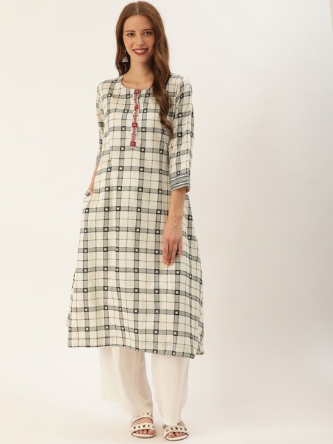 

Soch Women Off-White & Navy Blue Checked Straight Kurta
