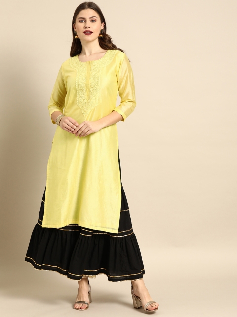 

Soch Women Yellow Yoke Design Chanderi Silk Straight Kurta