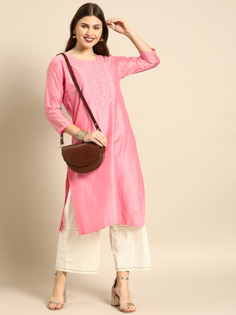 

Soch Women Pink Yoke Design Chanderi Silk Straight Kurta