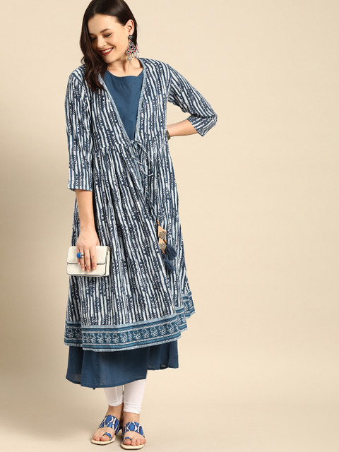 

Soch Women Blue & White Striped A-Line Layered Kurta With Shrug