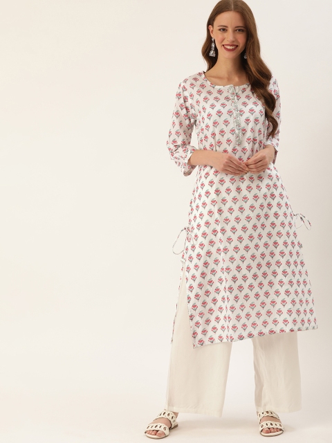 

Soch Women White & Pink Printed A-Line Kurta With Tie-Ups