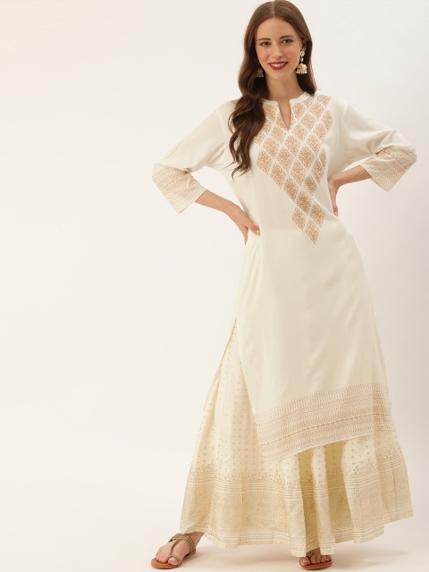 

Soch Women Off-White & Brown Yoke Design Straight Kurta