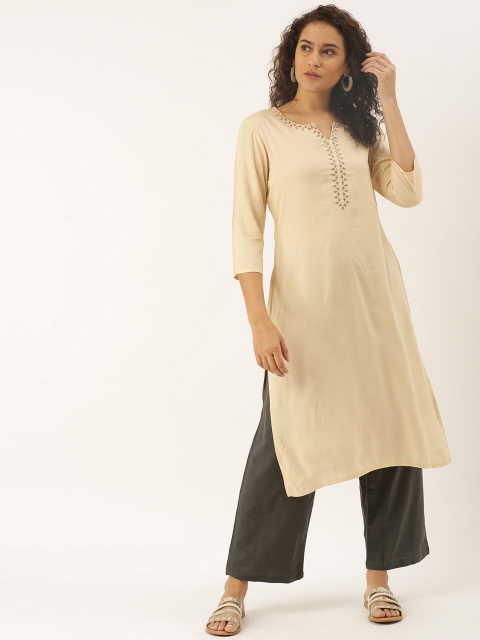 

Soch Women Off-White Solid Straight Kurta With Embroidered Detailing
