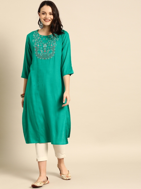 

Soch Women Turquoise Blue Yoke Design Straight Kurta
