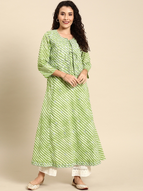 

Soch Women Green & White Striped Layered A-Line Kurta