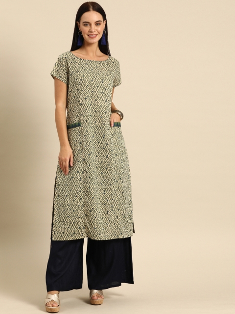 

Soch Women Beige & Olive Green Printed Straight Kurta