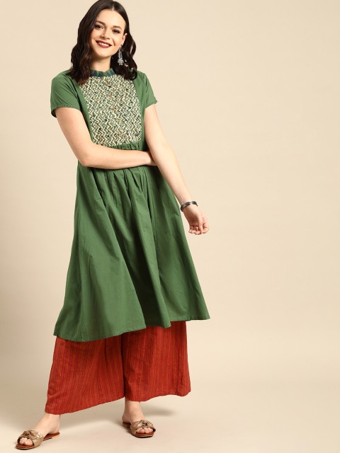 

Soch Women Olive Green Yoke Design A-Line Kurta
