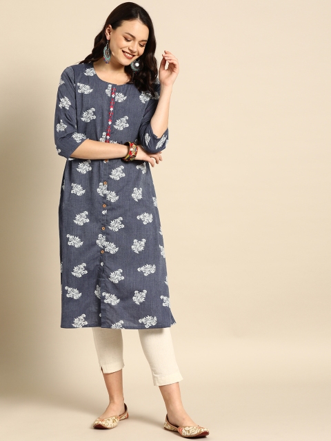 

Soch Women Navy Blue & White Printed Straight Kurta