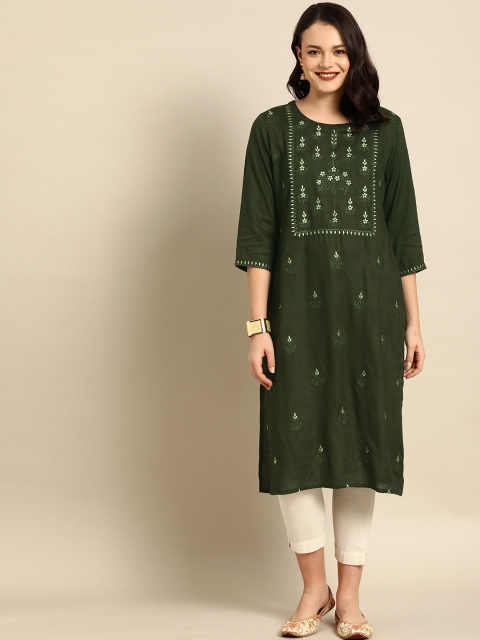 

Soch Women Olive Green Yoke Design Straight Kurta