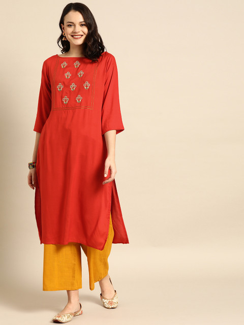 

Soch Women Red Yoke Design Straight Kurta