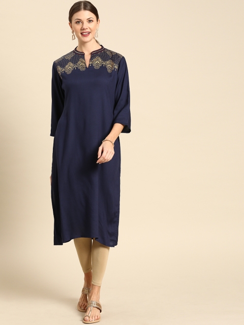 

Soch Women Navy Blue Yoke Design Straight Kurta
