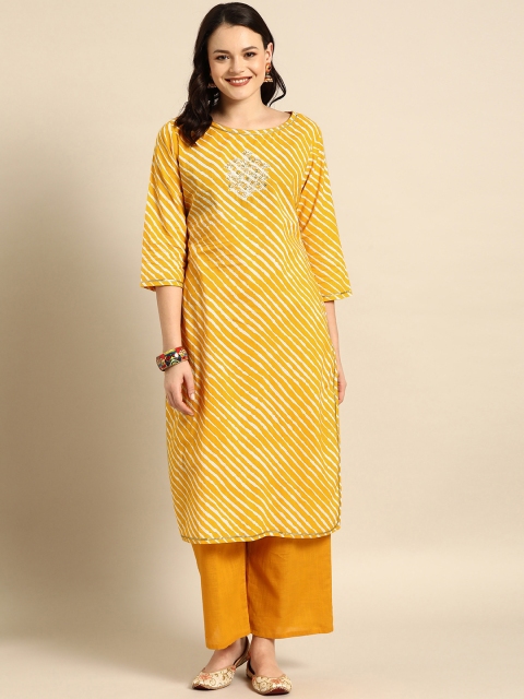 

Soch Women Mustard Yellow & White Striped Straight Kurta With Embroidered Detailing