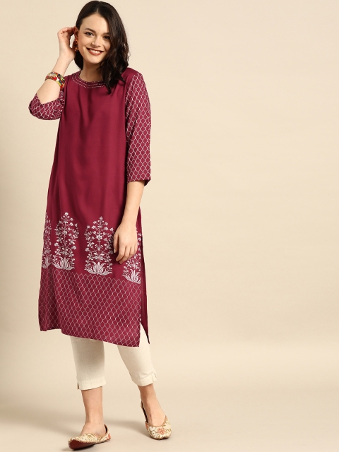 

Soch Women Maroon & White Printed Straight Kurta