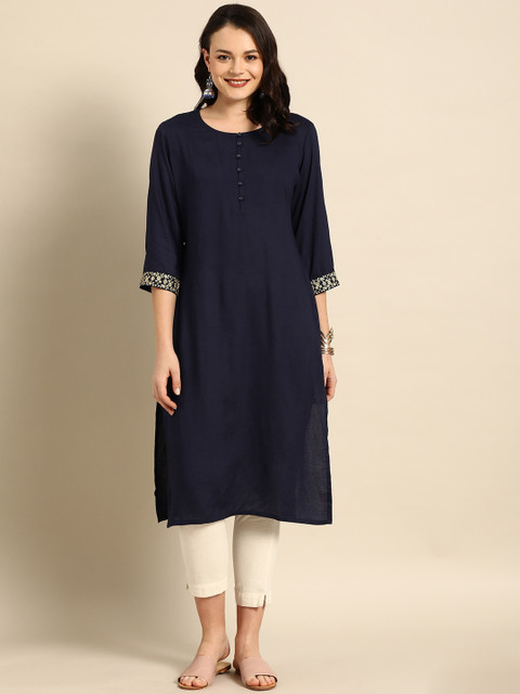 

Soch Women Navy Blue Solid Straight Kurta