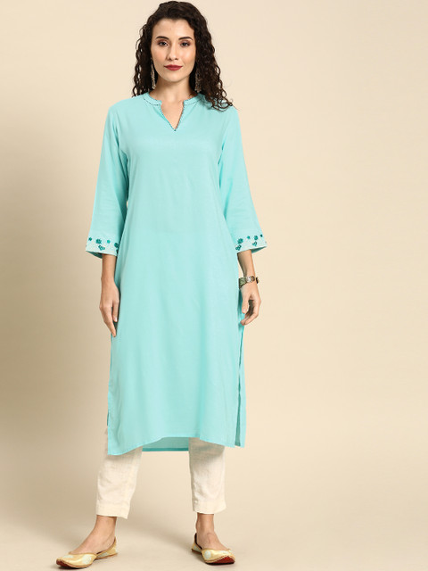 

Soch Women Turquoise Blue Solid Straight Kurta