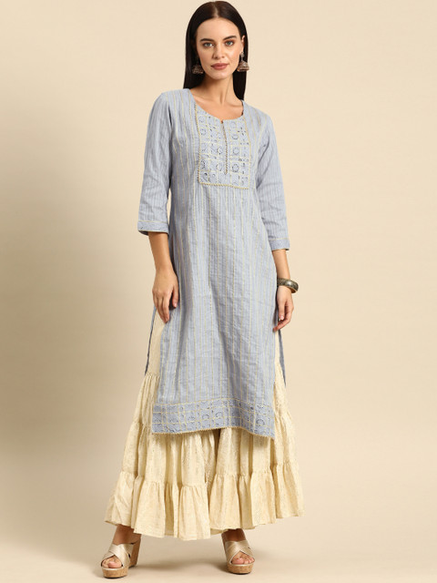 

Soch Women Blue Woven Design Straight Kurta