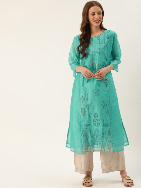 

Soch Women Turquoise Blue Printed Straight Kurta