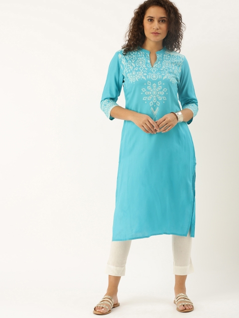 

Soch Women Turquoise Blue & White Printed Straight Kurta