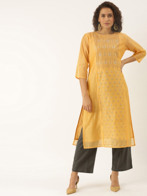 

Soch Women Yellow Printed Straight Kurta