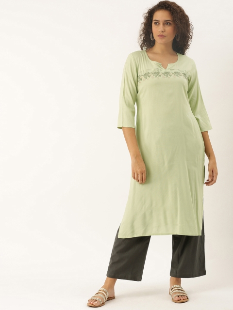 

Soch Women Green Solid Straight Kurta with Embroidered Detail