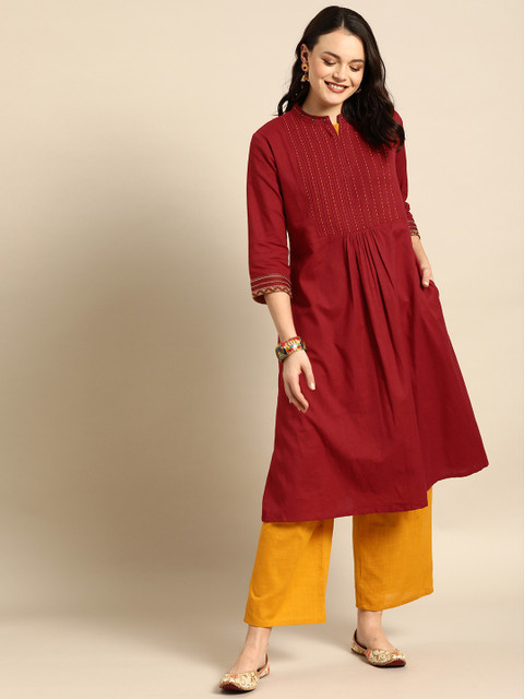 

Soch Women Maroon Yoke Design A-Line Kurta With Pleated Detail