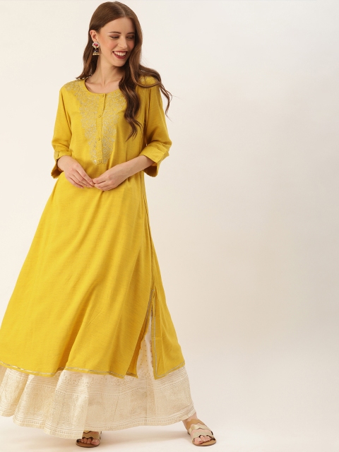 

Soch Women Mustard Yellow Embroidered A-Line Kurta