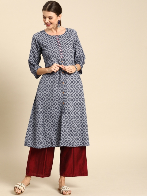 

Soch Women Blue & Off-White Printed Straight Kurta