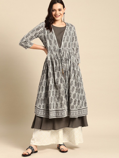 

Soch Women Grey & White Striped A-Line Layered Kurta With Shrug