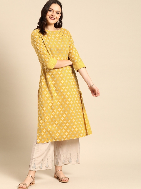 

Soch Women Mustard Yellow & White Printed Straight Kurta