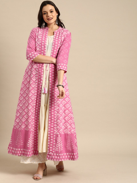 

Soch Women Pink & Off-White Printed A-Line Layered Kurta With Shrug
