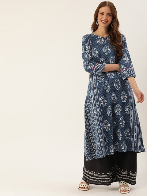 

Soch Women Blue & Off-White Printed A-Line Kurta with Mirror Work