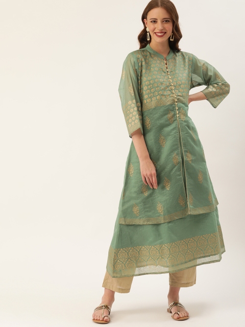 

Soch Women Green & Gold-Toned Printed A-Line Layered Kurta