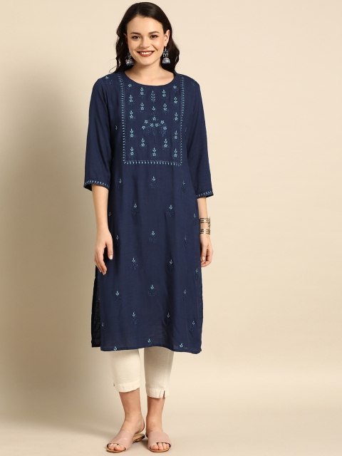 

Soch Women Navy Blue Embroidered Straight Kurta
