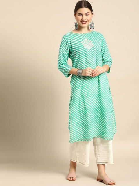 

Soch Women Sea Green & White Printed Straight Kurta With Embroidered Detailing