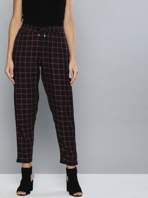 

HERE&NOW Women Black & Pink Regular Fit Checked Regular Trousers