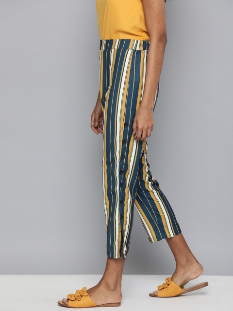 

HERE&NOW Women Mustard Yellow & Blue Regular Fit Striped Regular Trousers