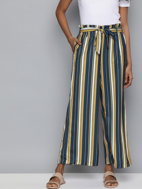 

HERE&NOW Women Mustard Yellow & Blue Regular Fit Striped Parallel Trousers
